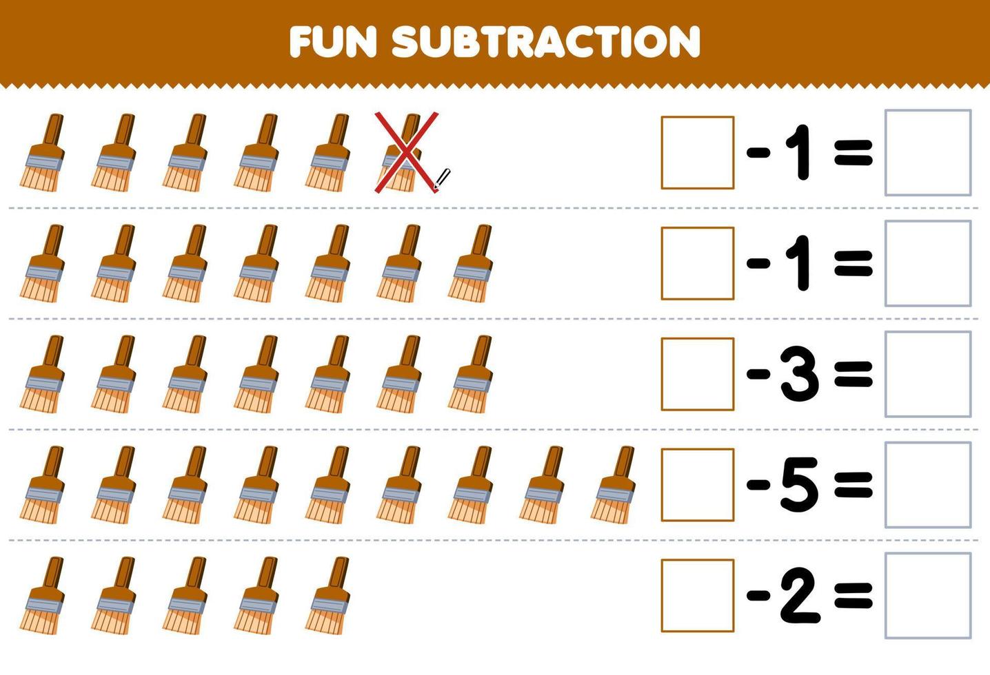 éducation Jeu pour les enfants amusement soustraction par compte mignonne dessin animé brosse dans chaque rangée et éliminer il imprimable outil feuille de travail vecteur