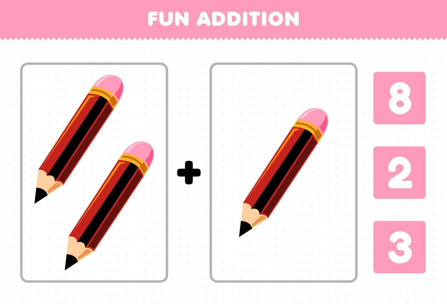 éducation Jeu pour les enfants amusement une addition par compter et choisir le correct répondre de mignonne dessin animé crayon imprimable outil feuille de travail vecteur