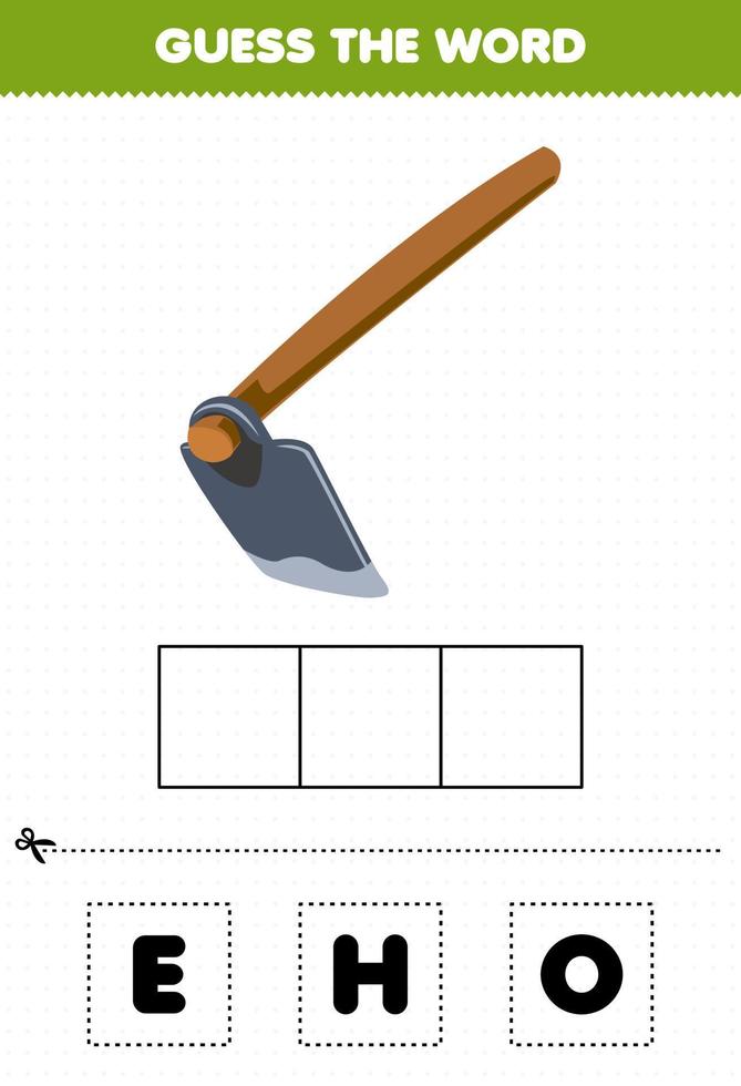 éducation Jeu pour les enfants devine le mot des lettres pratiquant de mignonne dessin animé houe imprimable outil feuille de travail vecteur