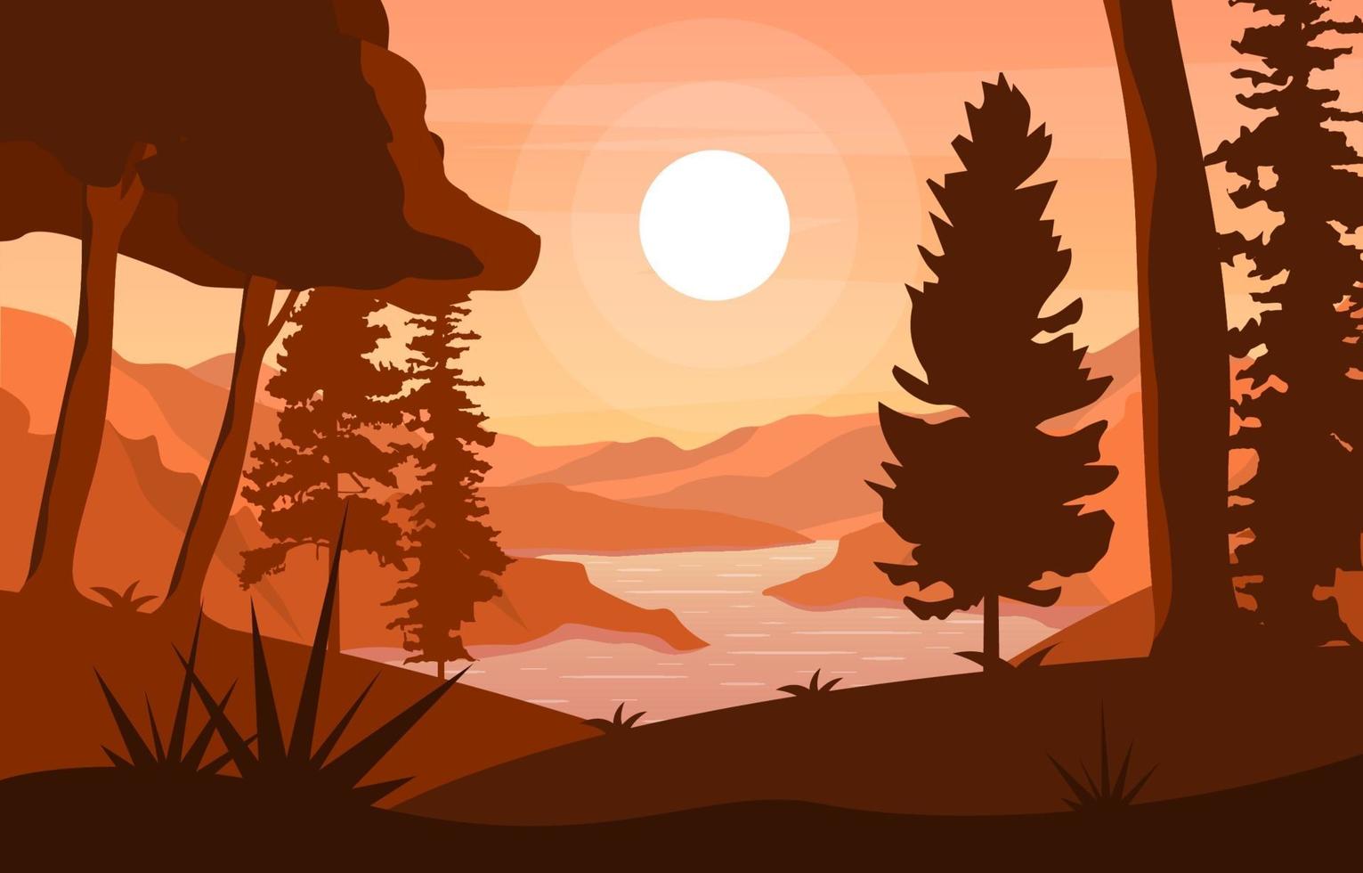 scène de paysage du matin avec rivière, forêt et collines vecteur