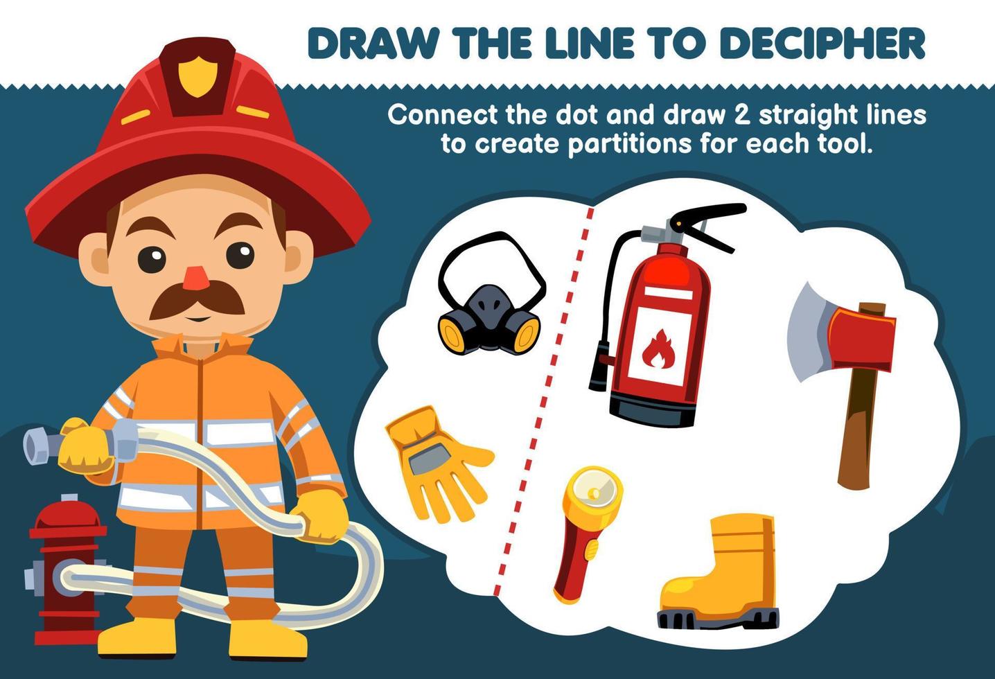éducation Jeu pour les enfants Aidez-moi sapeur pompier dessiner le lignes à séparé le porter secours équipement imprimable outil feuille de travail vecteur