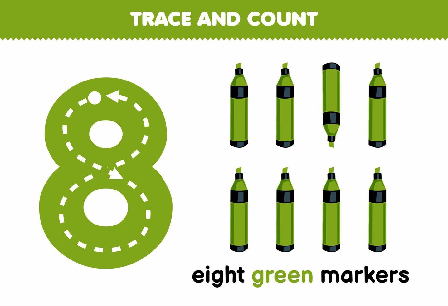 éducation Jeu pour les enfants tracé nombre huit et compte de mignonne dessin animé vert Marqueurs imprimable outil feuille de travail vecteur