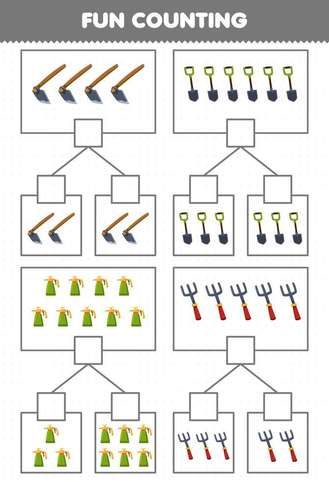 éducation Jeu pour les enfants amusement compte image dans chaque boîte de mignonne dessin animé houe pelle pulvérisateur fourchette imprimable outil feuille de travail vecteur