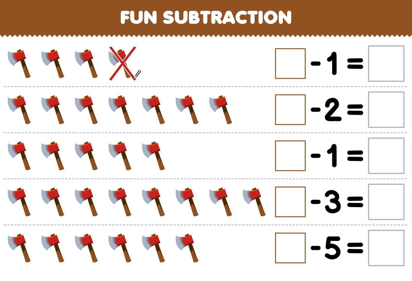 éducation Jeu pour les enfants amusement soustraction par compte mignonne dessin animé hache dans chaque rangée et éliminer il imprimable outil feuille de travail vecteur