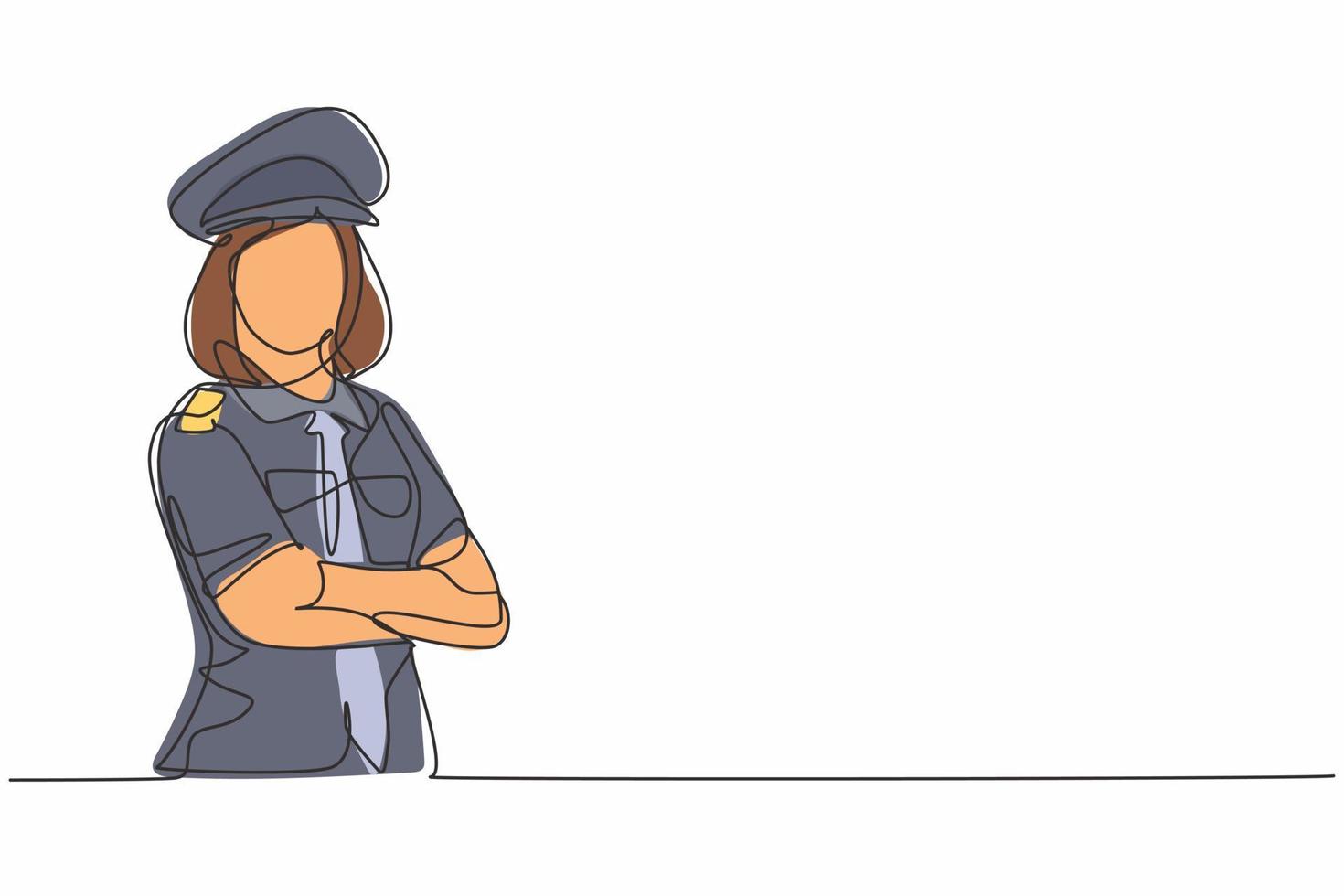 dessin d'une seule ligne d'une jeune femme pilote de beauté en uniforme, bras croisé sur la poitrine. profession de travail professionnel et concept minimal d'occupation. illustration vectorielle graphique de conception de dessin de ligne continue vecteur