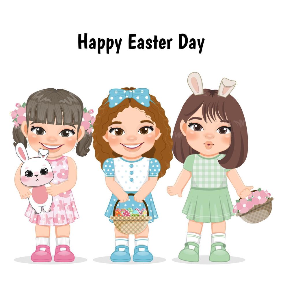 content Pâques journée avec mignonne les filles en portant lapin, des œufs panier et fleur panier dessin animé personnage vecteur