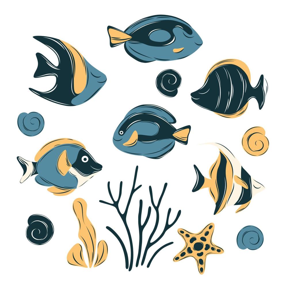 mer poisson collection isolé sur blanc Contexte. tropical poisson, Seetang et Marin animaux dans océan. ensemble de Marin la vie objets pour conception. vecteur illustration