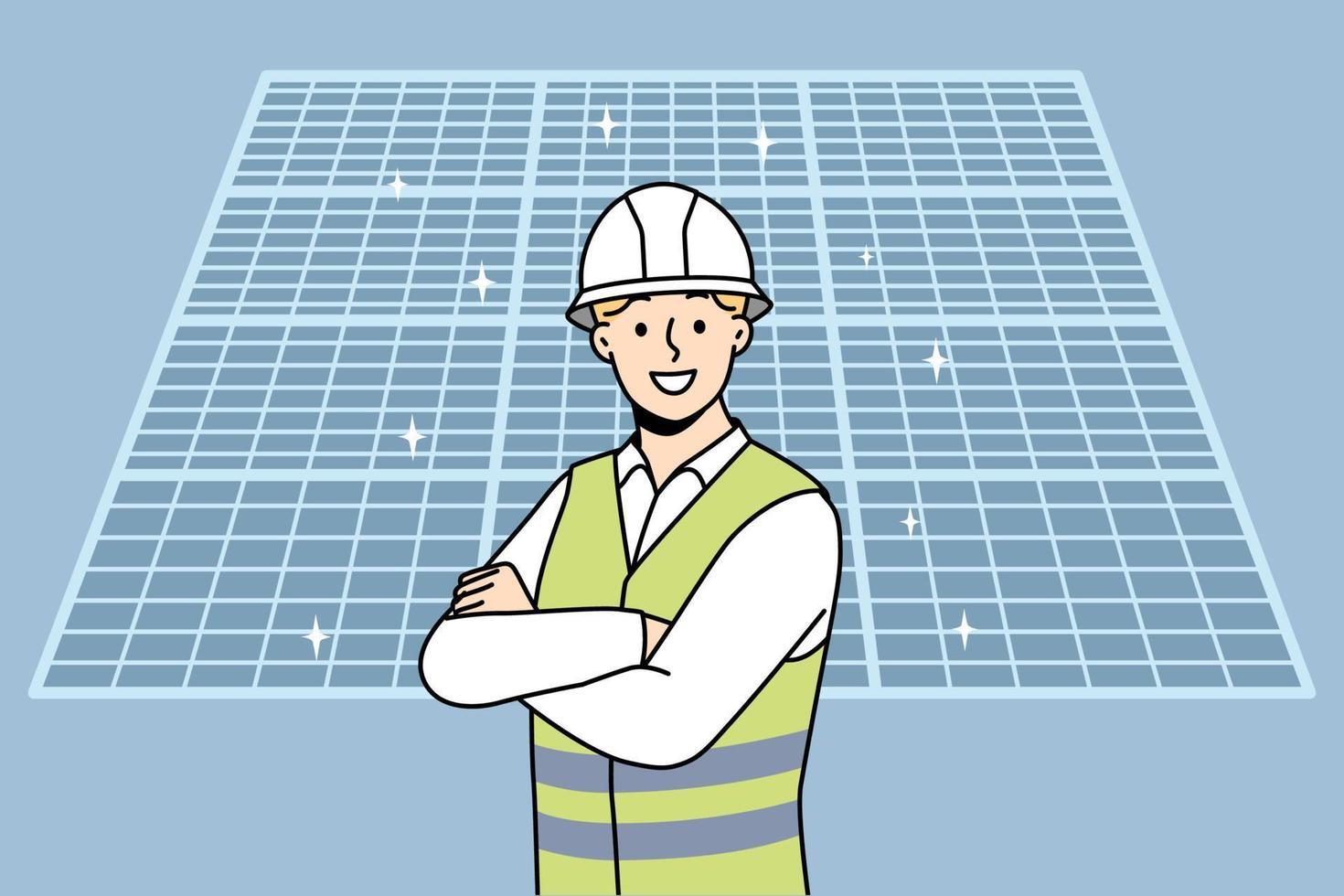 souriant Masculin ingénieur dans uniforme et casque supporter près solaire panneaux. content homme recommander moderne photovoltaïque batteries. vecteur illustration.