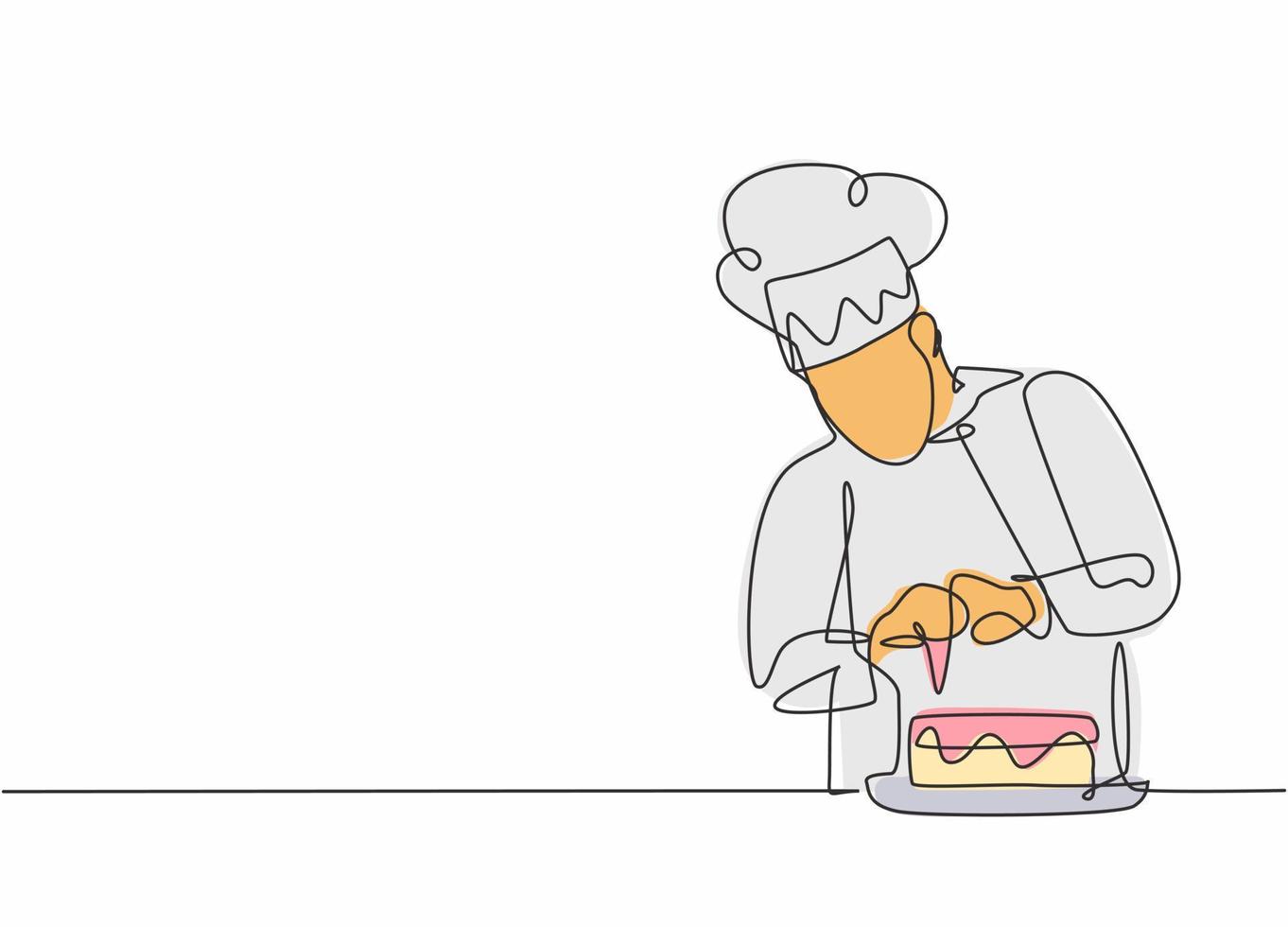 dessin au trait continu unique d'un jeune chef masculin décorant un gâteau de pâtisserie d'anniversaire avec de la crème à fouetter dans la cuisine du restaurant. concept de boulangerie alimentaire un dessin au trait conception vecteur minimalisme illustration