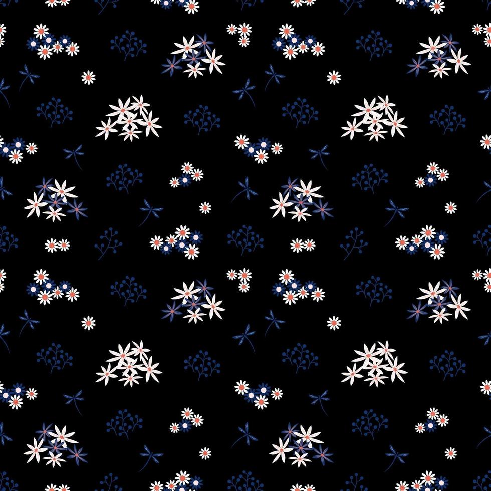 motif transparent monotone fleurs blanches et bleues avec libellule vecteur
