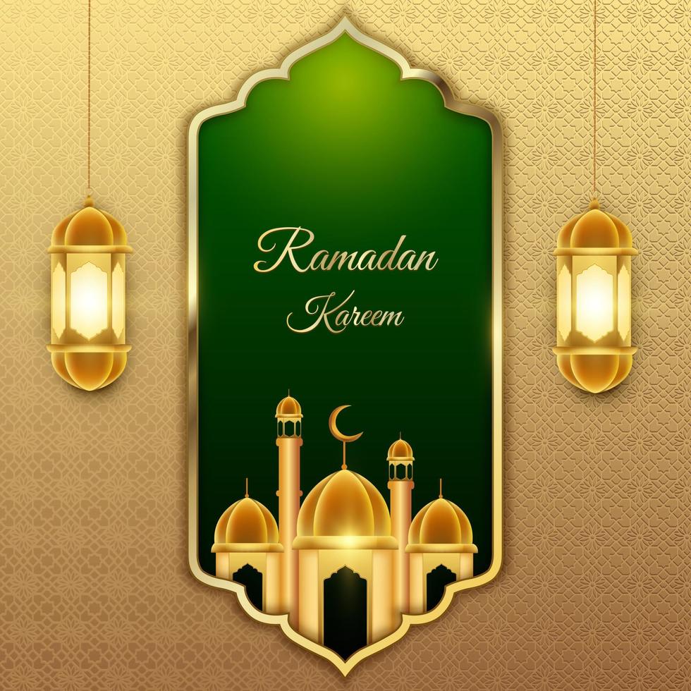 Ramadan kareem salutation d'or Contexte islamique lanterne et mosquée vecteur conception