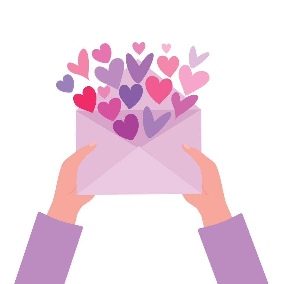 mains en portant un enveloppe avec cœurs. cœur, une symbole de l'amour et la Saint-Valentin journée. vecteur illustration