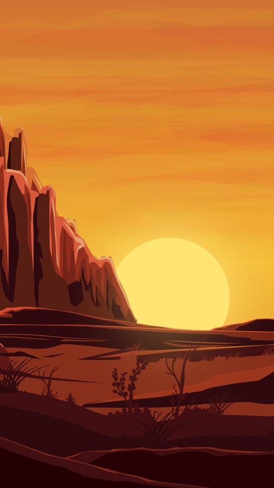 scène de désert et de montagnes au coucher du soleil orange vecteur