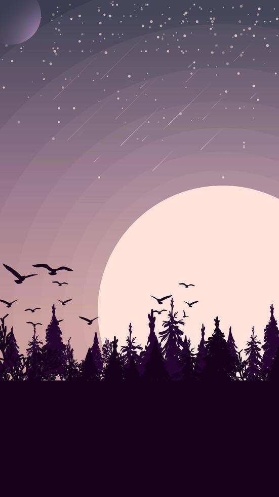 coucher de soleil dans une forêt de pins, les oiseaux sont montés dans le ciel vecteur