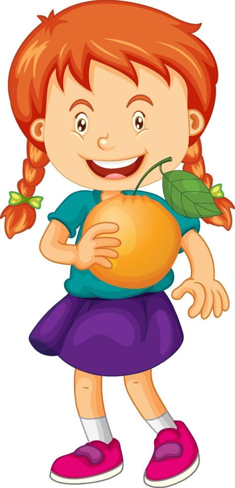 personnage de dessin animé fille heureuse tenant une orange vecteur