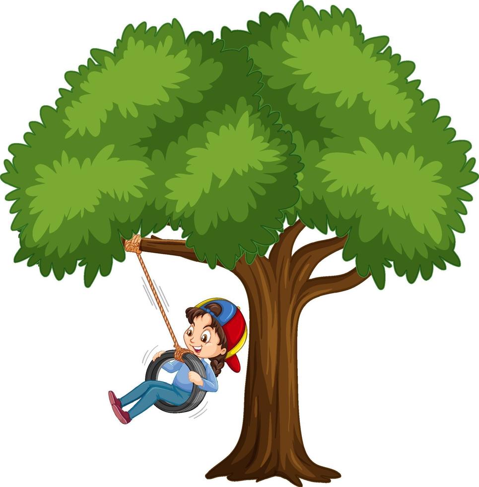 Enfant jouant le swing de pneu sous l'arbre sur fond blanc vecteur