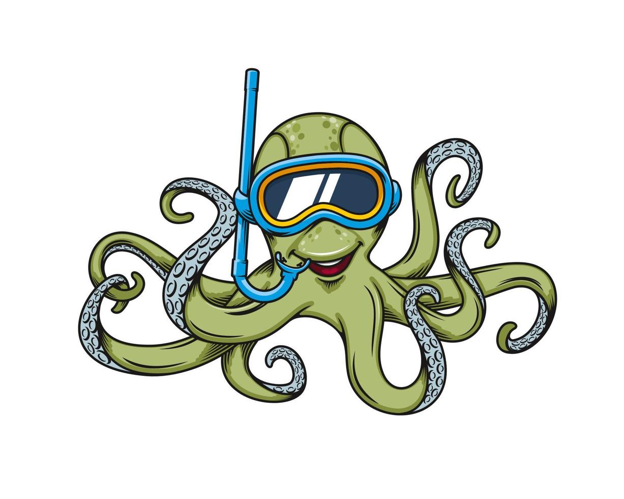 dessin animé plongeur pieuvre, scaphandre autonome plongée animal mascotte vecteur
