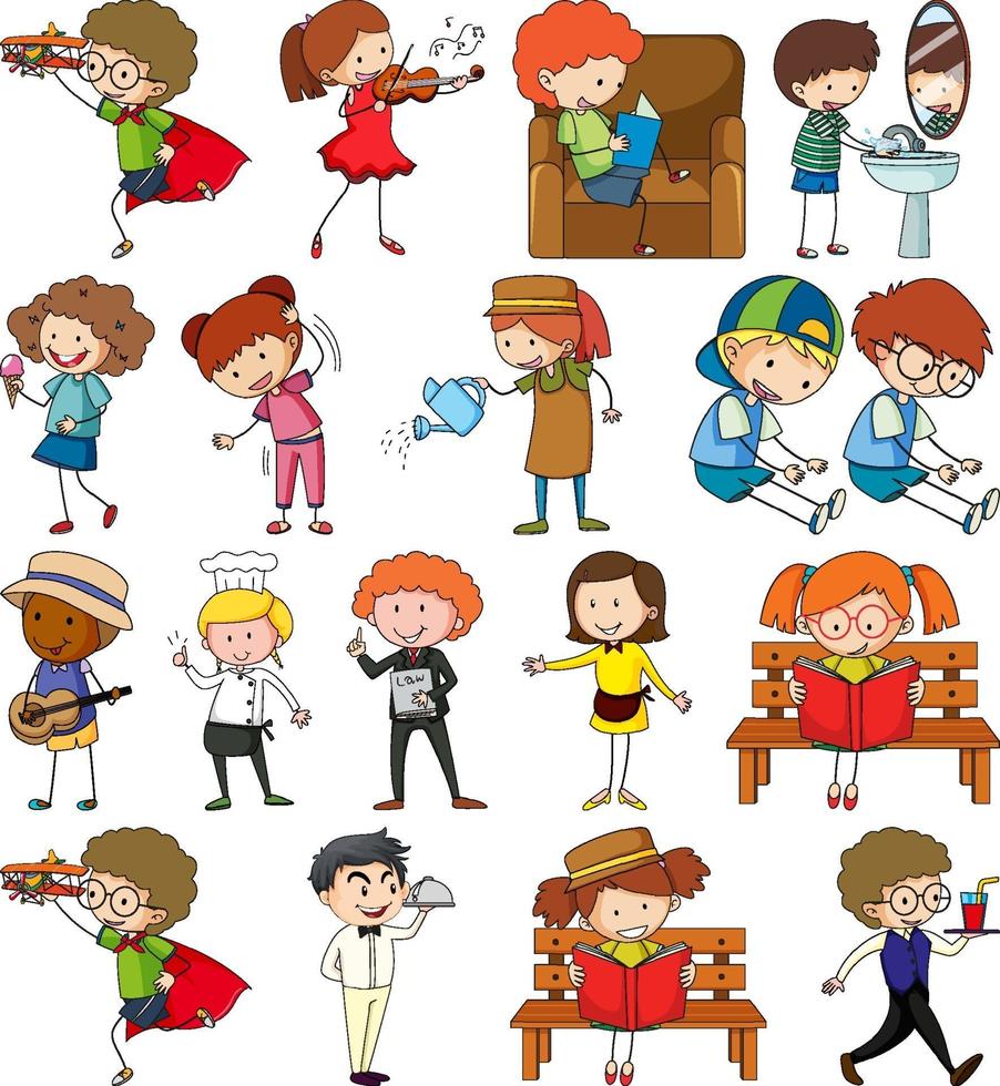 ensemble de différents personnages de dessin animé enfants doodle isolé vecteur