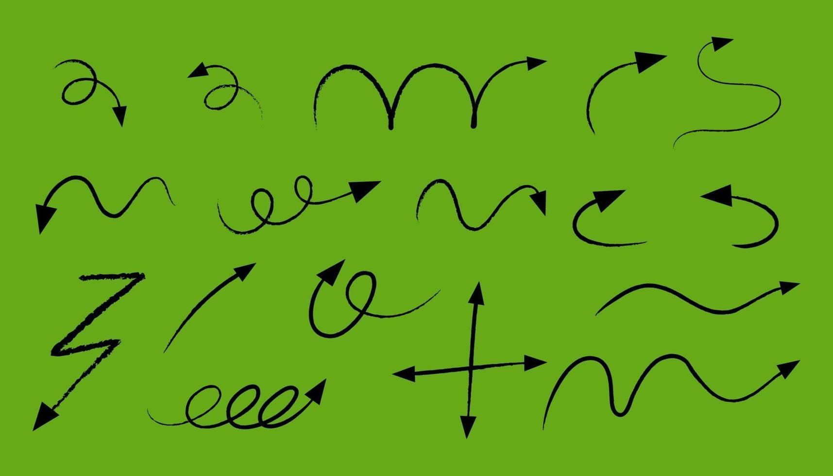 différents types de flèches courbes dessinées à la main sur fond vert vecteur