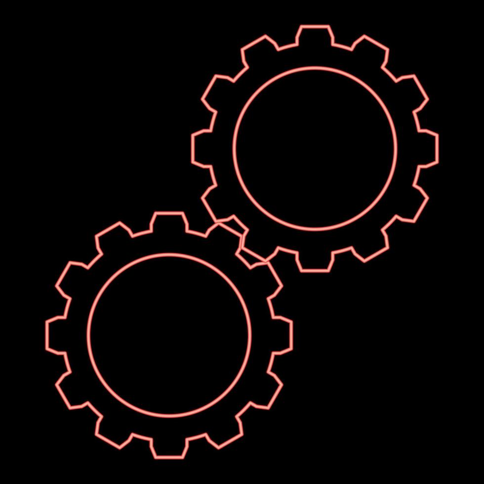néon deux engrenages roue dentée dent ensemble roues dentées connecté dans travail mécanisme rouge Couleur vecteur illustration image plat style