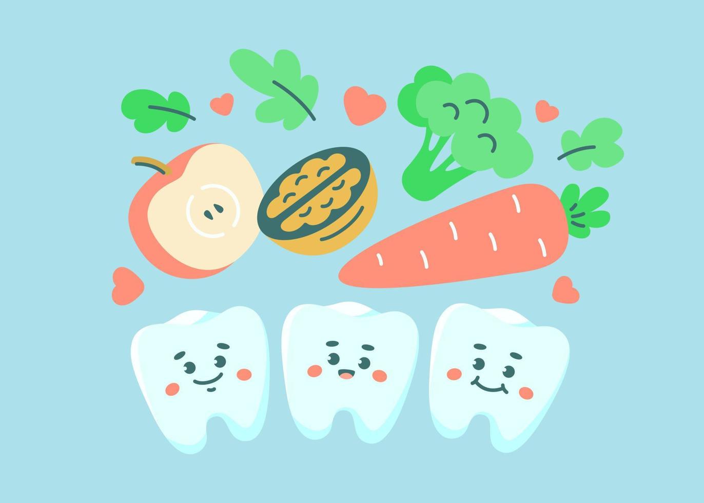 mignonne les dents et en bonne santé aliments. dentaire amical régime concept. vecteur