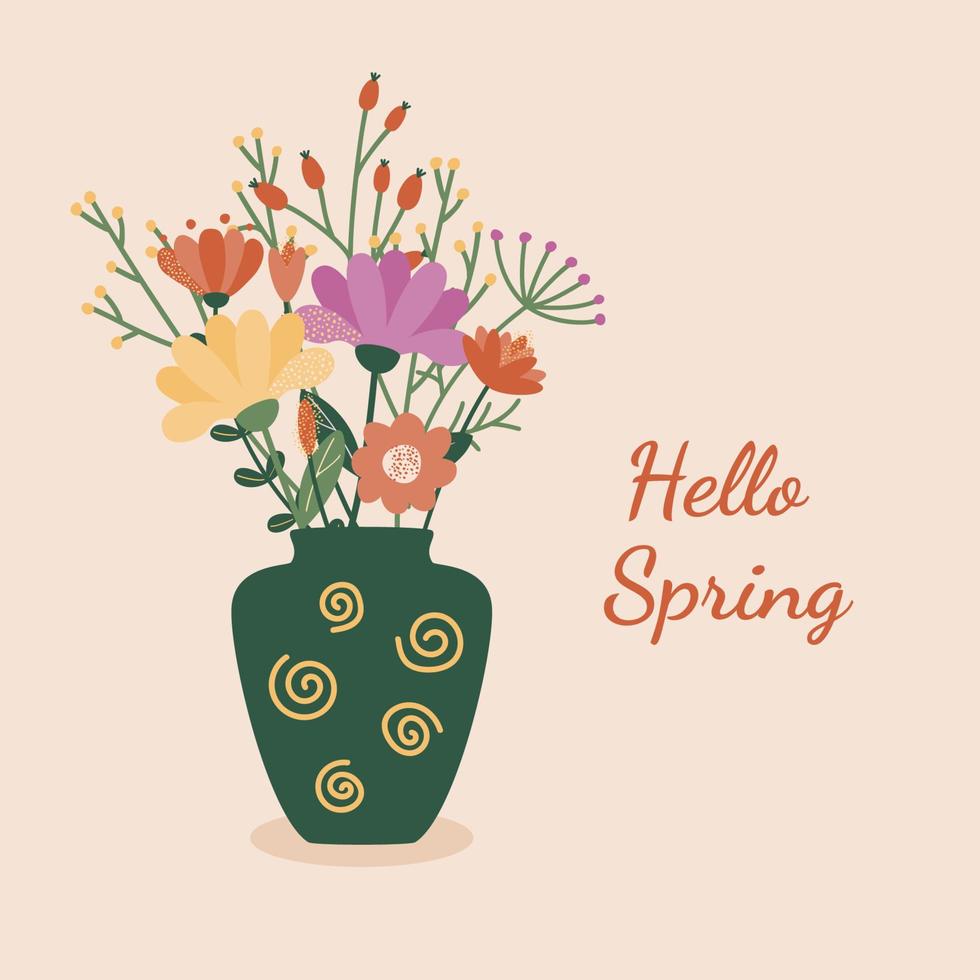 une carte postale avec une bouquet de fleurs dans une grand vase avec le une inscription Bonjour printemps. vecteur illustration de stylisé floraison les plantes dans dessin animé style. isolé sur une lumière Contexte.