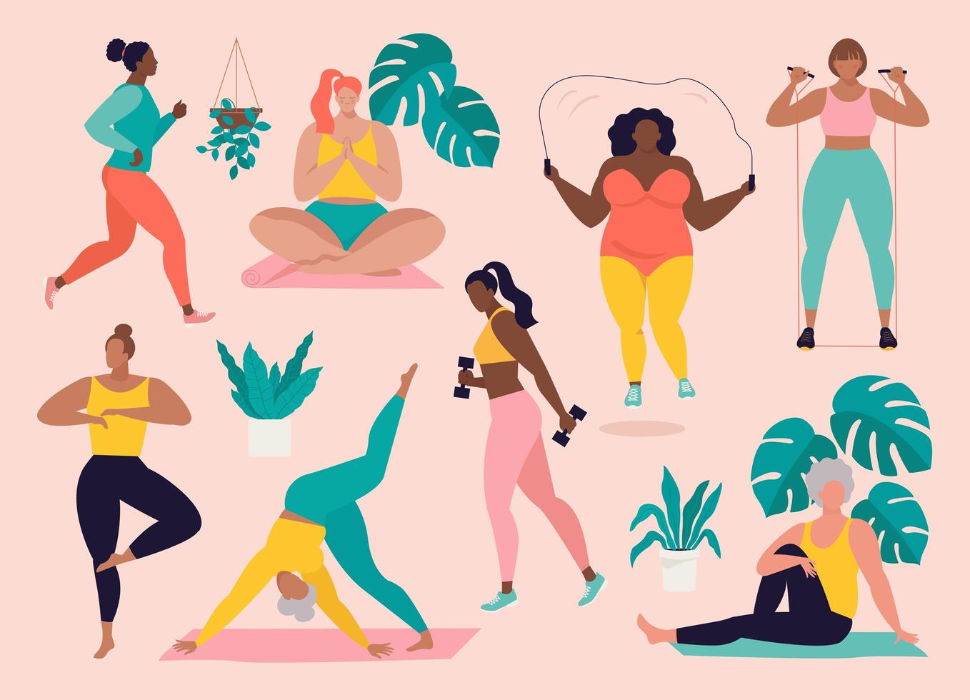 femmes de différentes tailles, âges et activités de courses. ensemble de  femmes faisant du sport, yoga, jogging, saut, étirement, fitness. sport  femmes vector illustration plate fond rose isolé. 2036905 Art vectoriel chez