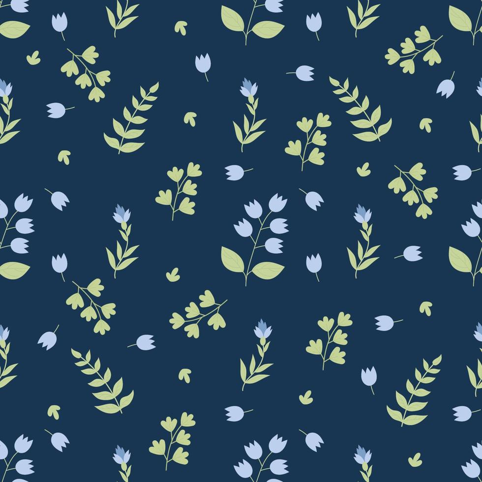 floral sans couture modèle. bleu décoratif fleurs et branches sur foncé bleu Contexte. vecteur illustration dans plat style.