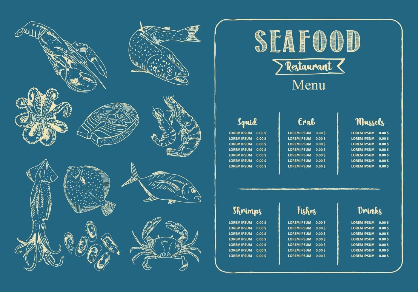 modèle de menu de restaurant de fruits de mer. vecteur. vecteur