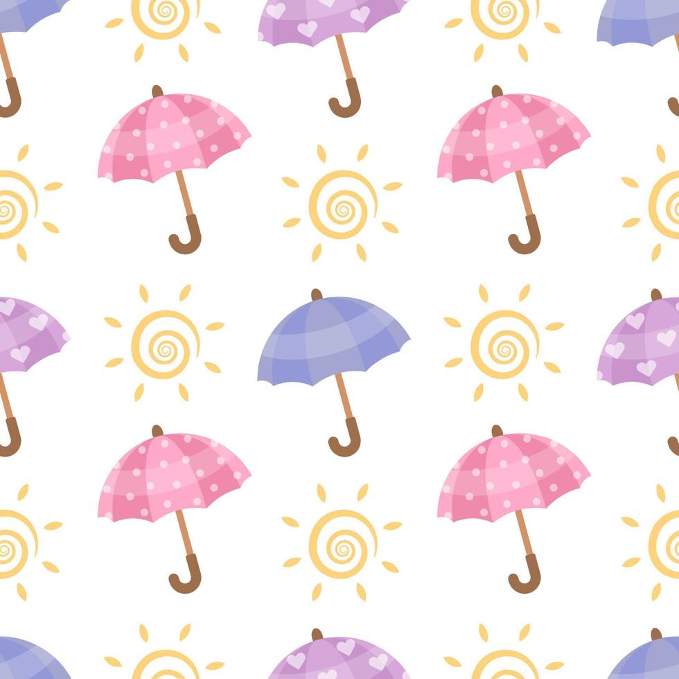 sans couture modèle de parapluie et Soleil. coloré parasols. jaune, rouge couleurs. dessin animé vecteur illustration. interminable texture.