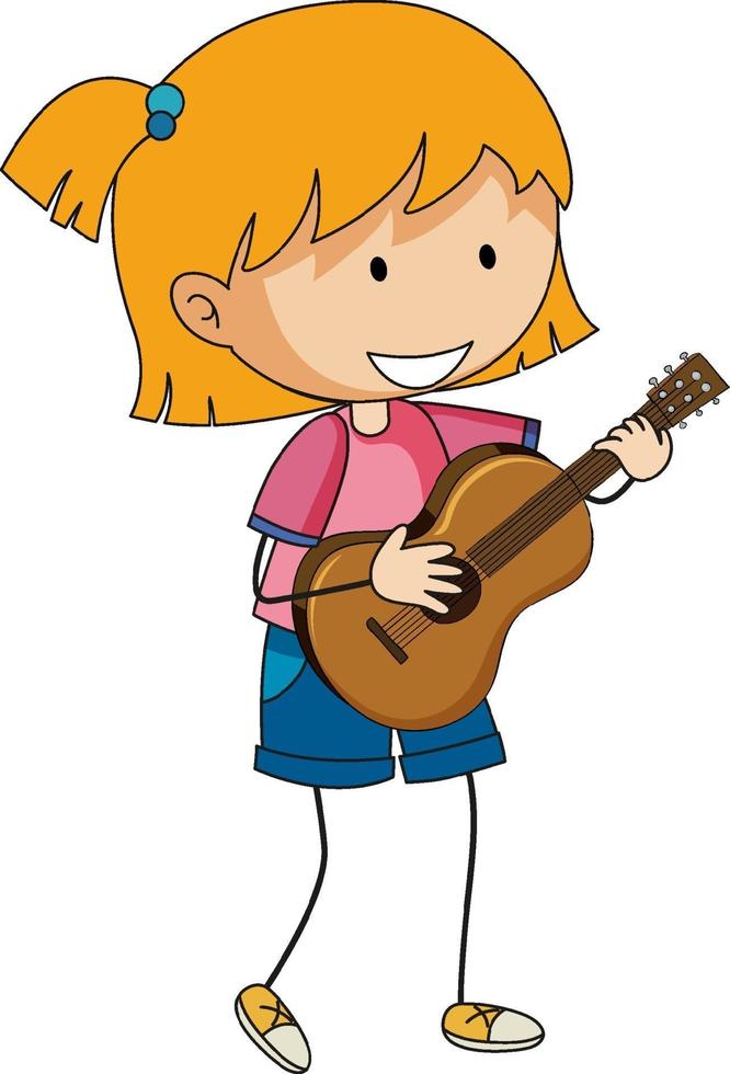 Une fille jouant de la guitare acoustique personnage de dessin animé doodle isolé vecteur