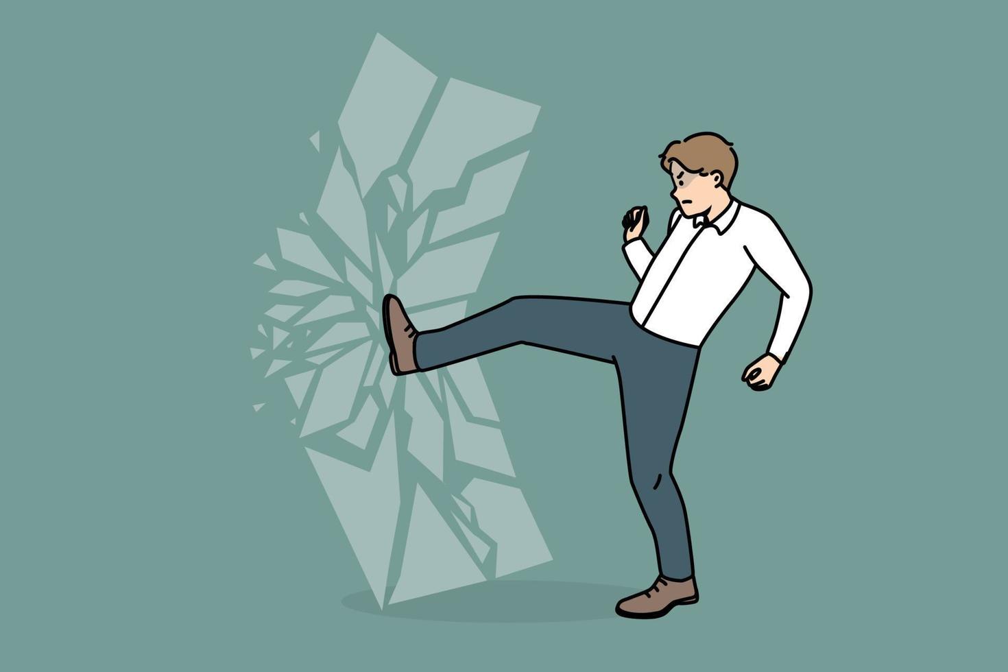 furieux décisif homme d'affaire Pause mur briser imaginaire barrière. motivée en colère Masculin employé crash verre porte ou obturateur démolir obstacle. affaires motivation. vecteur illustration.