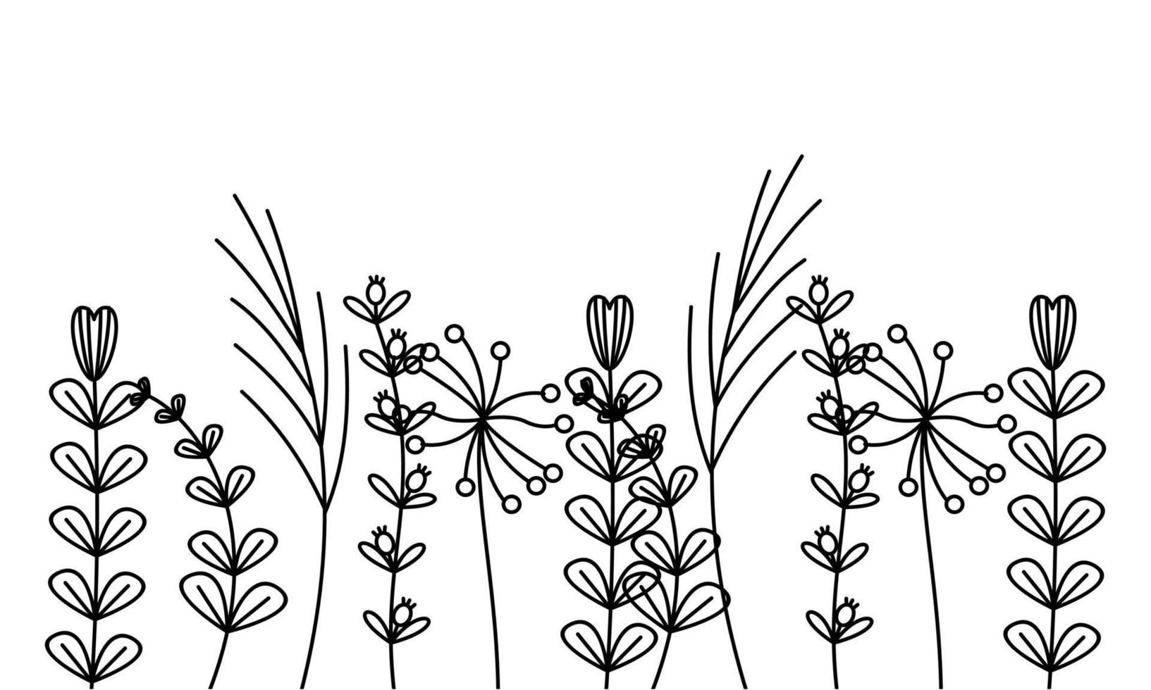 noir silhouettes de herbe, fleurs et herbes isolé sur blanc Contexte vecteur