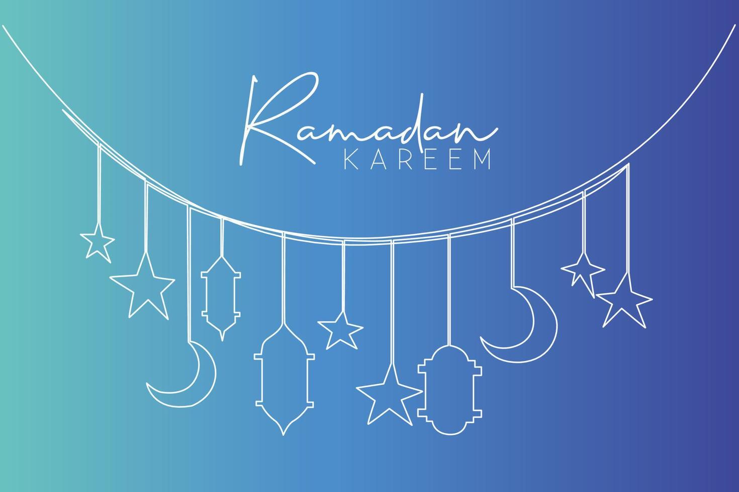 Ramadan kareem salutation carte, affiche et bannière conception Contexte. un Célibataire ligne dessin de islamique ornement avec des lunes, étoiles, lanternes et les lampes. continu ligne dessiner vecteur illustration