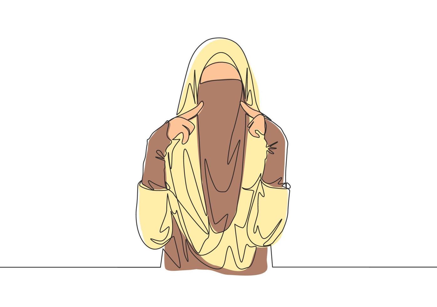 Célibataire continu ligne dessin de Jeune mignonne asiatique muslimah portant burqa tandis que émouvant sa joues. traditionnel beauté musulman femme niqab avec hijab concept un ligne dessiner conception vecteur illustration