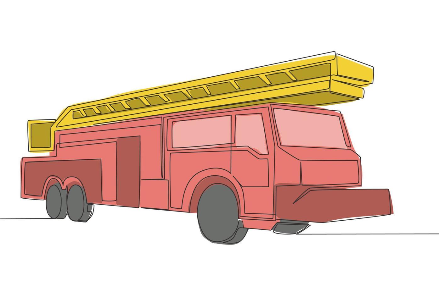 un ligne dessin de Feu un camion avec tuyau et échelle. Publique sécurité un service véhicule transport concept. Célibataire continu ligne dessiner conception vecteur