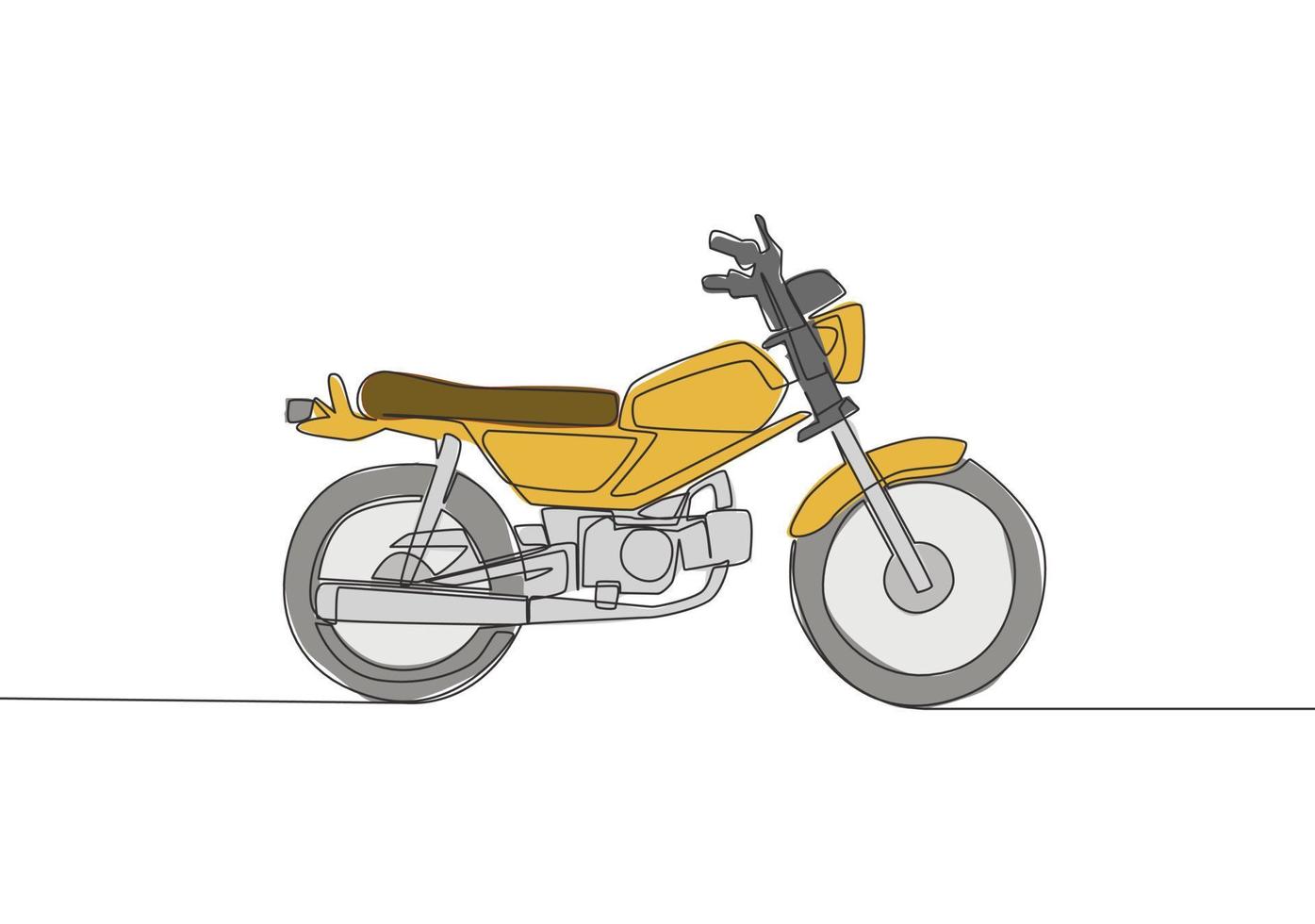un continu ligne dessin de vieux courses moto logo. classique ancien moto concept. Célibataire ligne dessiner conception vecteur illustration