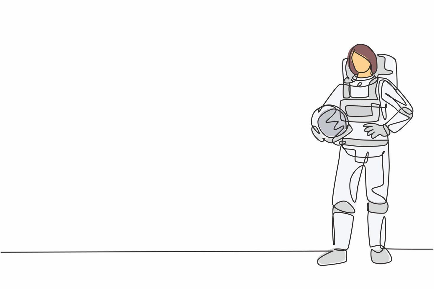 dessin au trait continu unique d'une jeune femme astronaute tenant un casque avec les mains sur la hanche. travail professionnel emploi emploi. concept de minimalisme une ligne dessiner illustration vectorielle de conception graphique vecteur