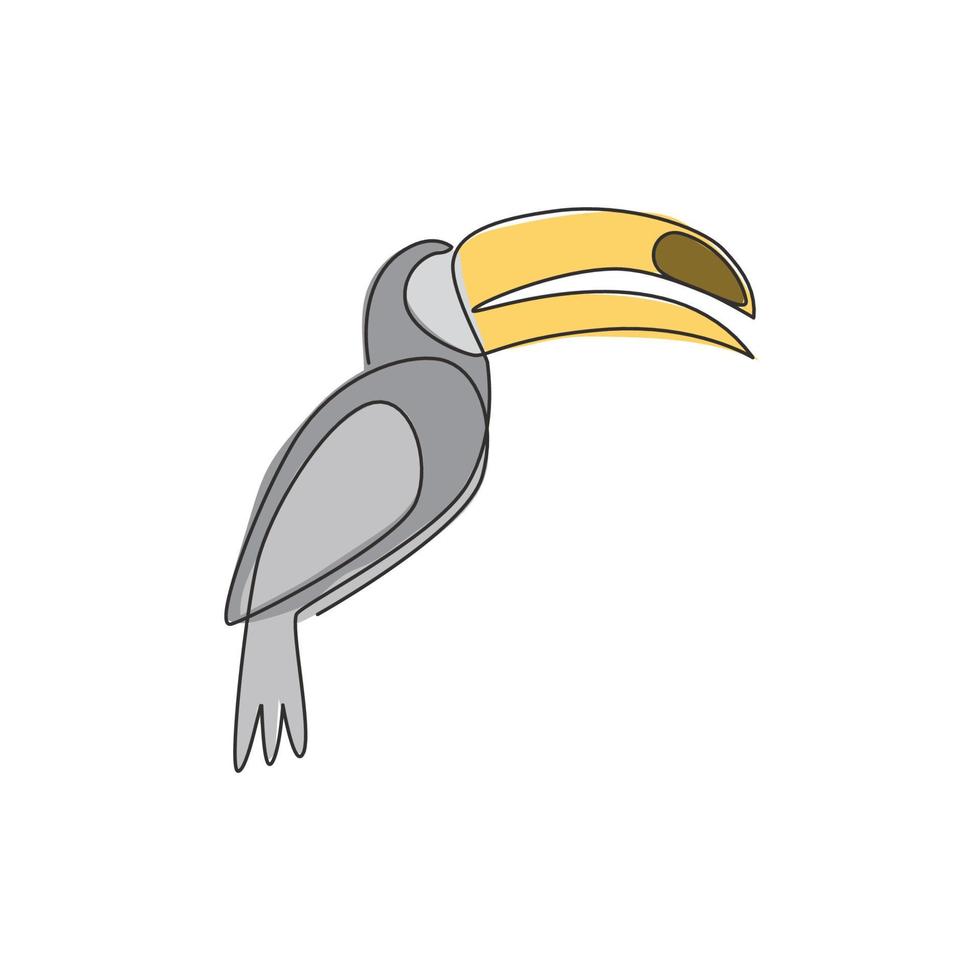 un dessin au trait continu d'oiseau toucan mignon avec un gros bec pour l'identité du logo. concept de mascotte animale exotique pour l'icône du parc national de conservation. Dessiner une seule ligne illustration vectorielle de conception graphique vecteur