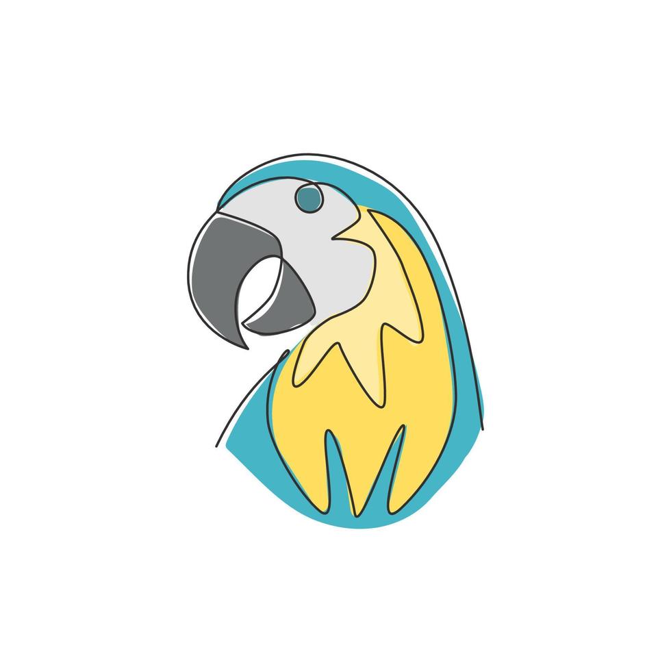 dessin au trait continu unique d'une tête d'oiseau perroquet drôle et intelligente pour l'identité du logo de l'entreprise. concept de mascotte d'animal volant pour l'icône du club des amoureux des animaux. Une ligne à la mode dessiner illustration vectorielle de conception graphique vecteur