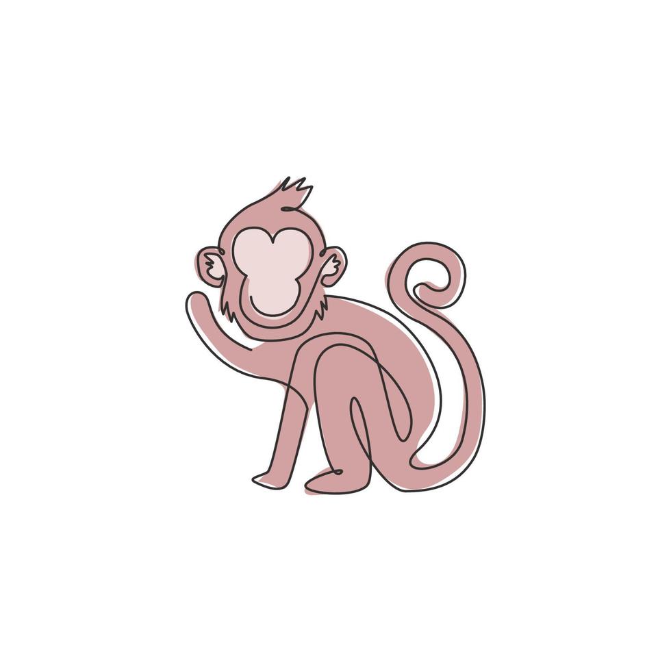 dessin au trait continu unique d'un singe marchant mignon pour l'identité du logo du zoo national. concept de mascotte animal primate adorable pour l'icône de spectacle de cirque. Une ligne dessiner illustration graphique vectorielle de conception vecteur