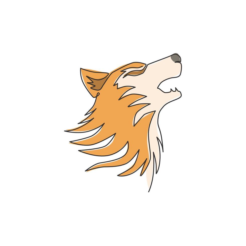 dessin au trait continu unique d'une mystérieuse tête de loup pour l'identité du logo de l'équipe e-sport. concept de mascotte de loups forts pour l'icône du parc national. Une ligne moderne dessiner illustration graphique vectorielle de conception vecteur