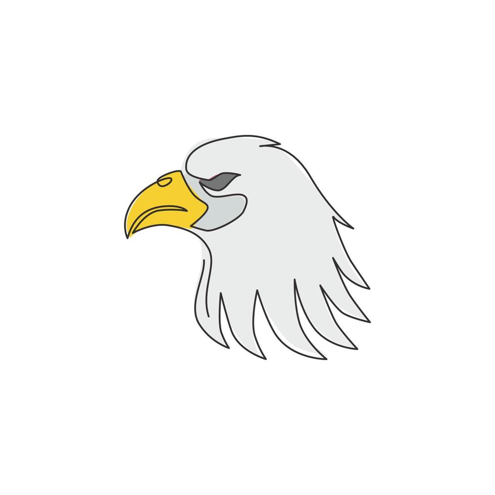 dessin au trait continu unique de la tête d'aigle héroïque pour l'identité du logo de l'équipe e-sport. concept de mascotte oiseau faucon pour icône de cimetière. illustration graphique de conception de vecteur de dessin d'une ligne dynamique