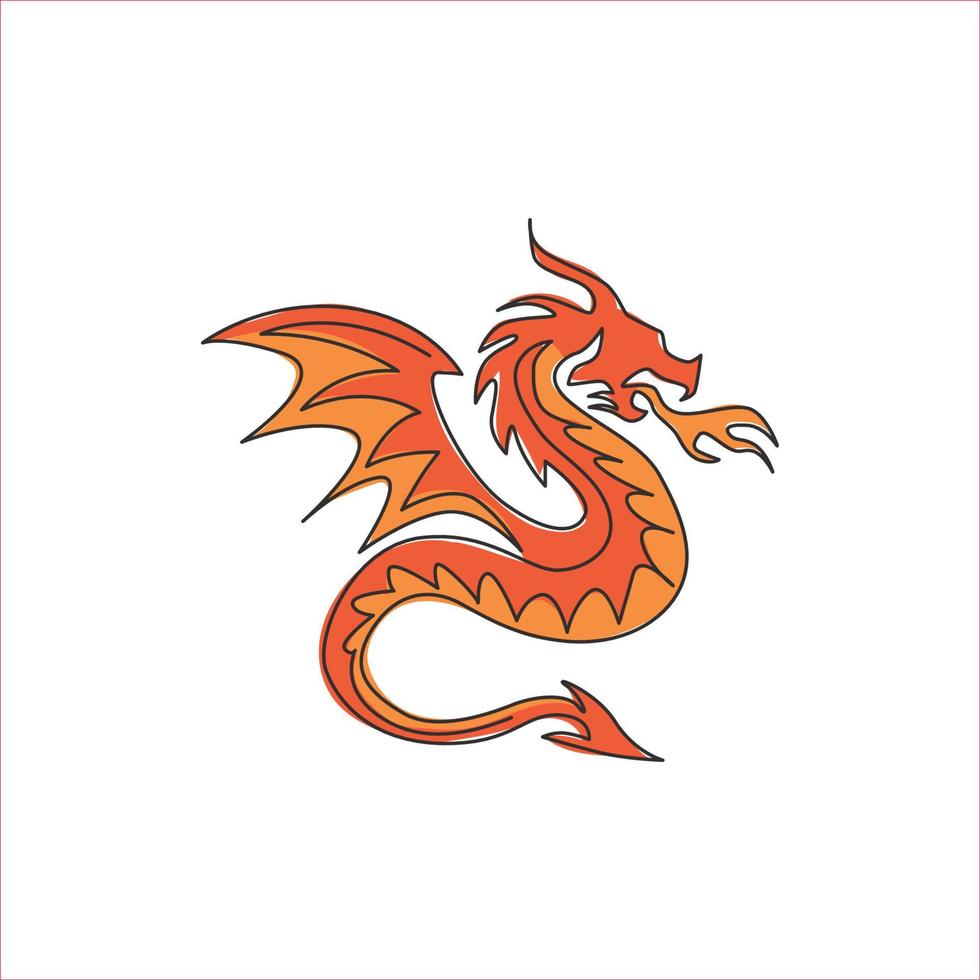 dessin au trait continu unique du dragon de monstres fictifs pour l'identité du logo traditionnel chinois. concept de mascotte de créature de légende magique pour l'association d'arts martiaux. illustration de conception de dessin d'une ligne vecteur