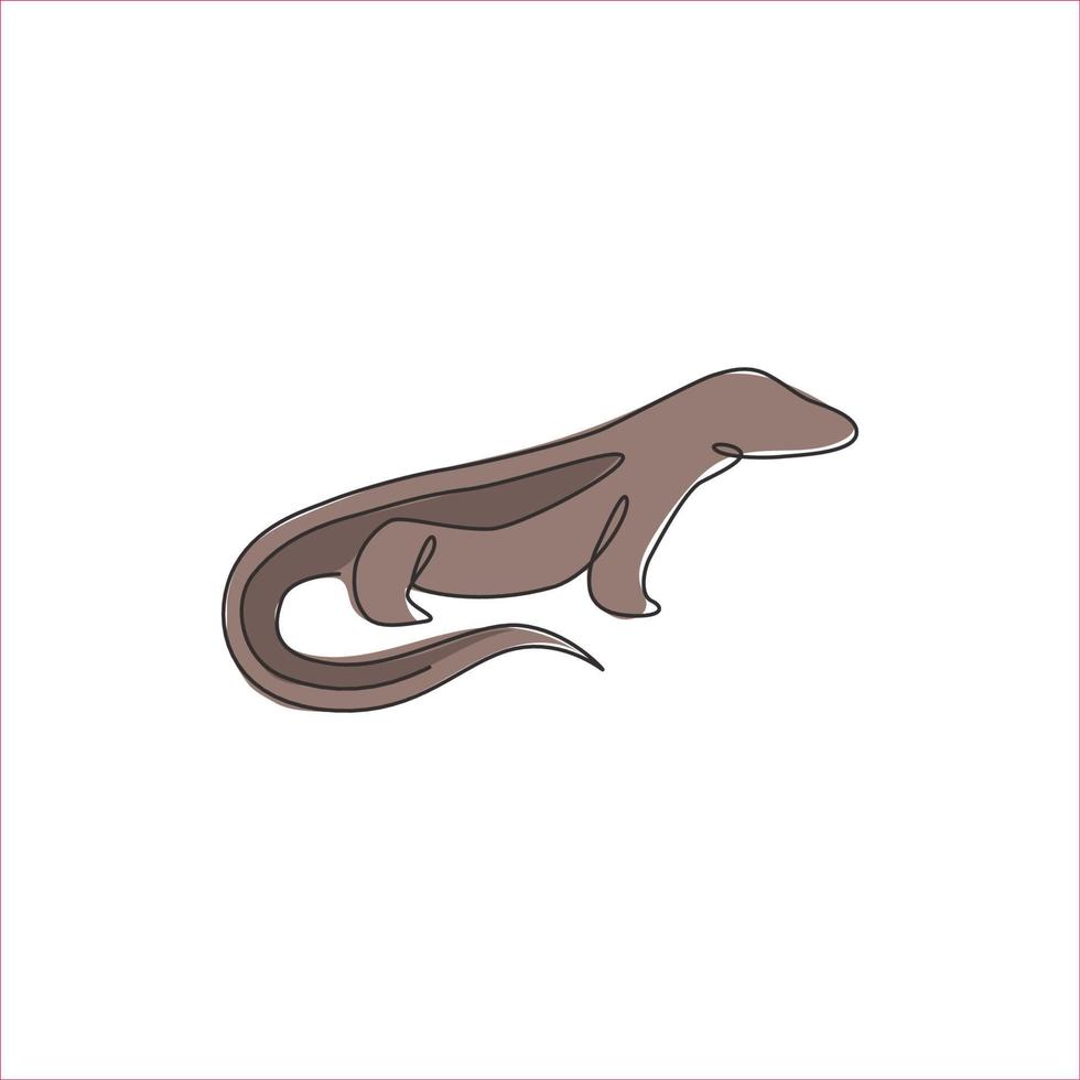 un dessin au trait continu du dangereux dragon de Komodo pour l'identité du logo de l'entreprise. concept de mascotte d'animal reptile sauvage protégé pour le parc national de conservation. illustration de conception de dessin à une seule ligne vecteur
