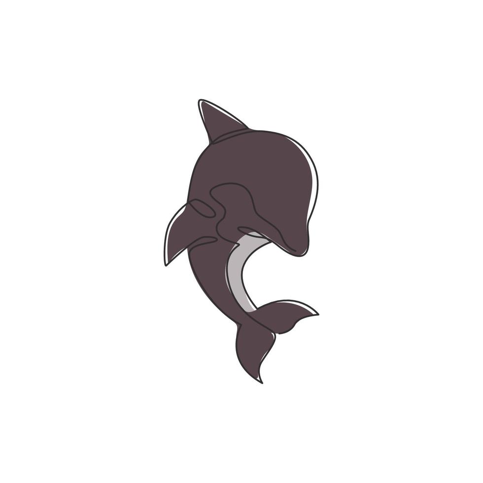 un dessin au trait continu d'un dauphin mignon et amical pour l'identité du logo de l'aquarium de l'aquarium. concept animal mammifère heureux pour la mascotte de l'entreprise. illustration graphique de conception de vecteur de tirage de ligne unique à la mode