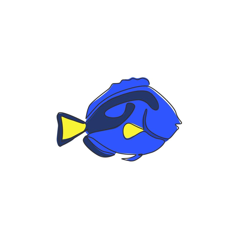 dessin d'une seule ligne de poisson tang bleu drôle pour l'identité du logo de l'entreprise aquatique. concept de mascotte de poisson chirurgien de beauté pour l'icône de spectacle d'aquarium. ligne continue moderne dessiner illustration vectorielle de conception vecteur