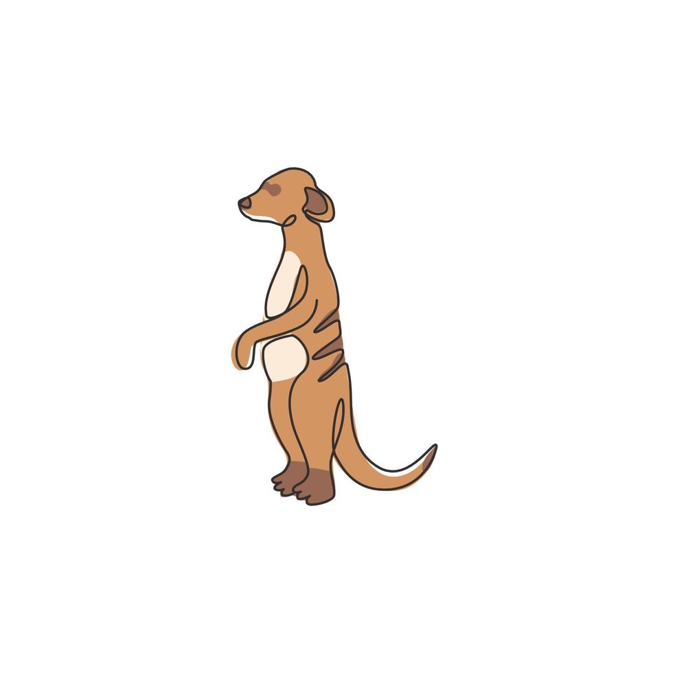 un seul dessin de suricate drôle pour l'identité du logo de l'entreprise. concept de mascotte de petit singe carnivore pour l'icône du parc national de safari. ligne continue moderne dessiner illustration graphique vectorielle de conception vecteur