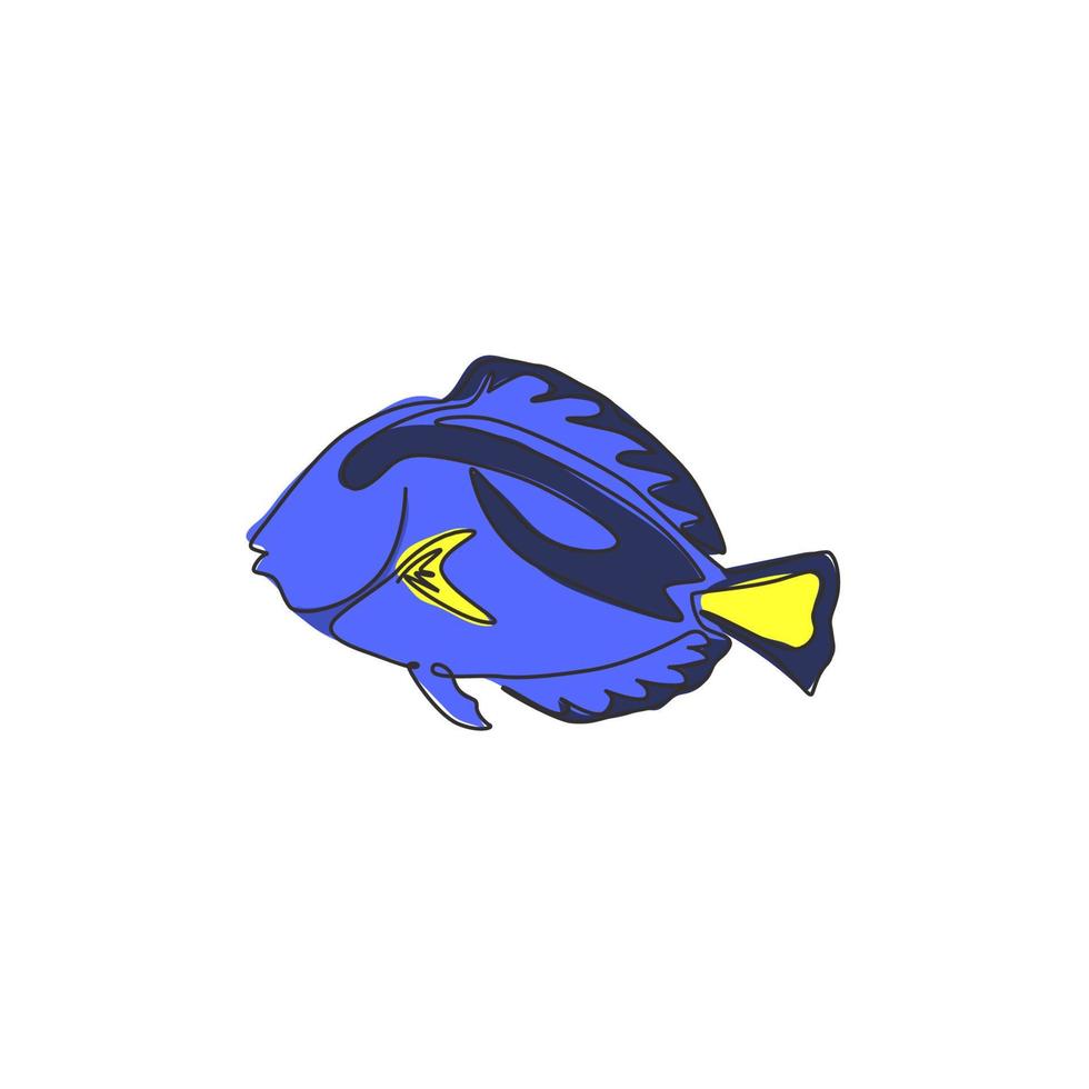 dessin au trait continu unique d'adorables poissons bleus pour l'identité du logo de la société marine. concept de mascotte de poisson chirurgien exotique pour l'icône du spectacle du monde de la mer. Une ligne moderne dessiner illustration vectorielle de conception vecteur