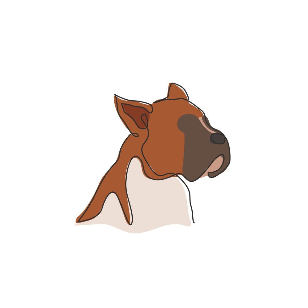 dessin au trait continu unique d'une tête de chien boxer féroce pour l'identité du logo de la société de sécurité. concept de mascotte de chien de race pure pour l'icône d'animal familier amical de pedigree. Une ligne moderne dessiner illustration vectorielle de conception vecteur